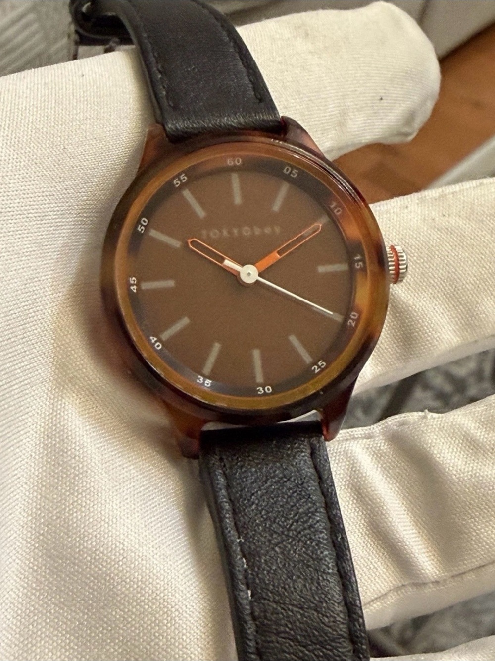 TOKYObay Specs Ladies Acetate Watch Tortoise Brown Quartz 32mm Leather Strap
